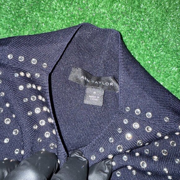 Ann Taylor Rhinestone Embellished Mock Neck Sweater T-Shirt Size M Navy Blue Sky - Picture 8 of 13